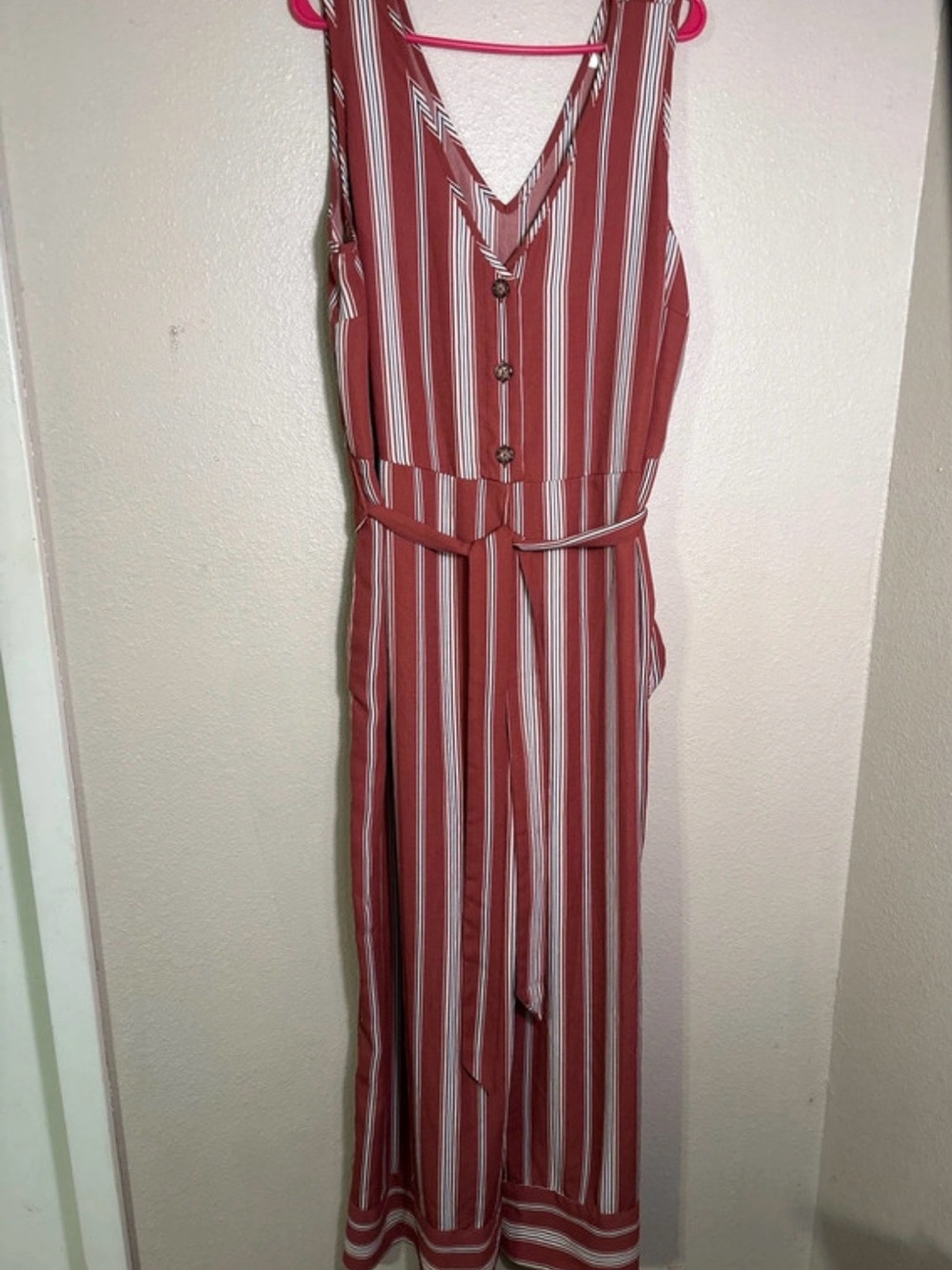Xhilaration Rust and White Striped Sleeveless Jumpsuit with Waist Tie